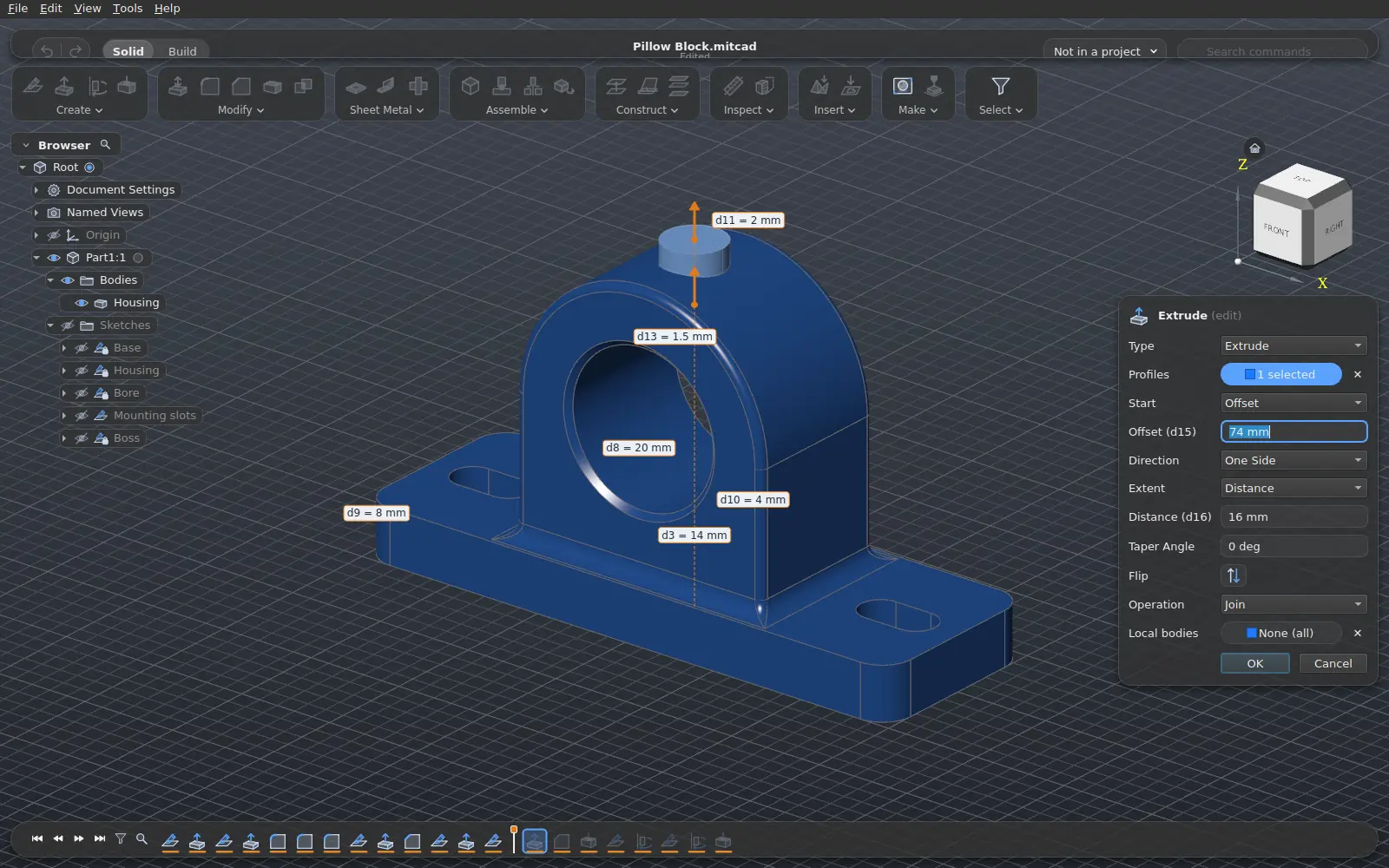 Editing an extrude: the command panel, drag handles and parameter labels, the timeline rolled back