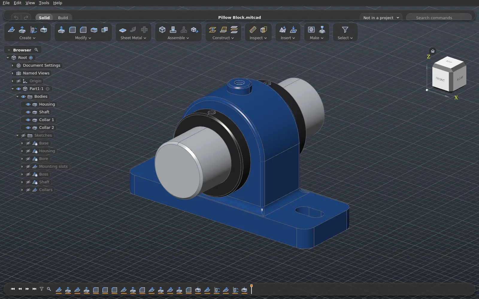 The Mitcad window: a pillow block assembly with its bodies and sketches in the browser and the feature timeline below
