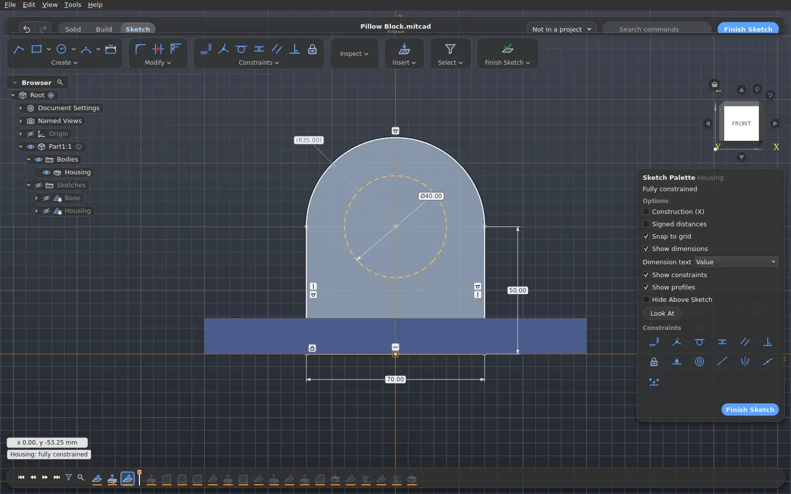 Sketch mode: a fully constrained profile with driving dimensions and the sketch palette